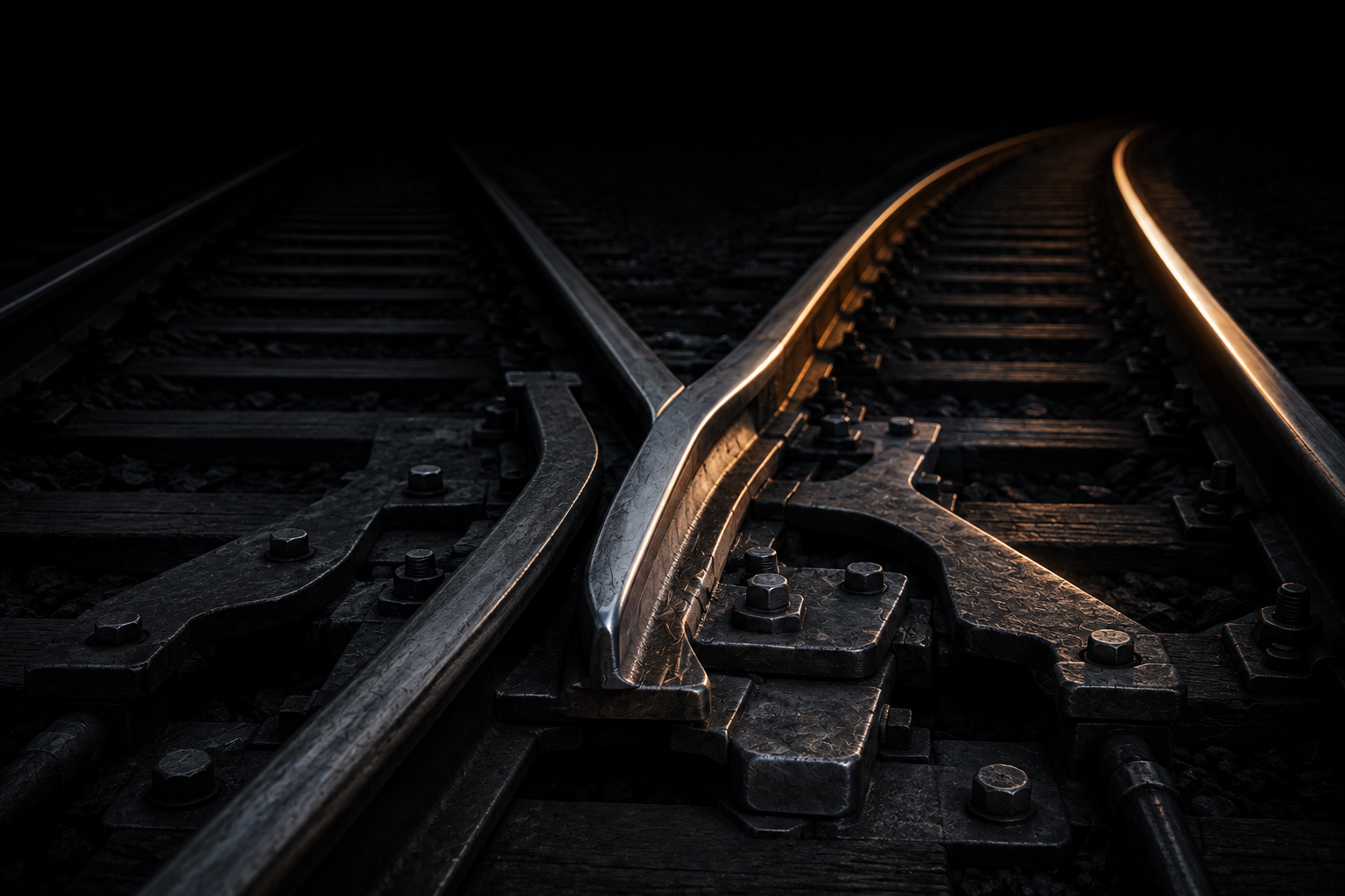 A steel railway switch thrown toward one of two tracks, the other running off into the dark