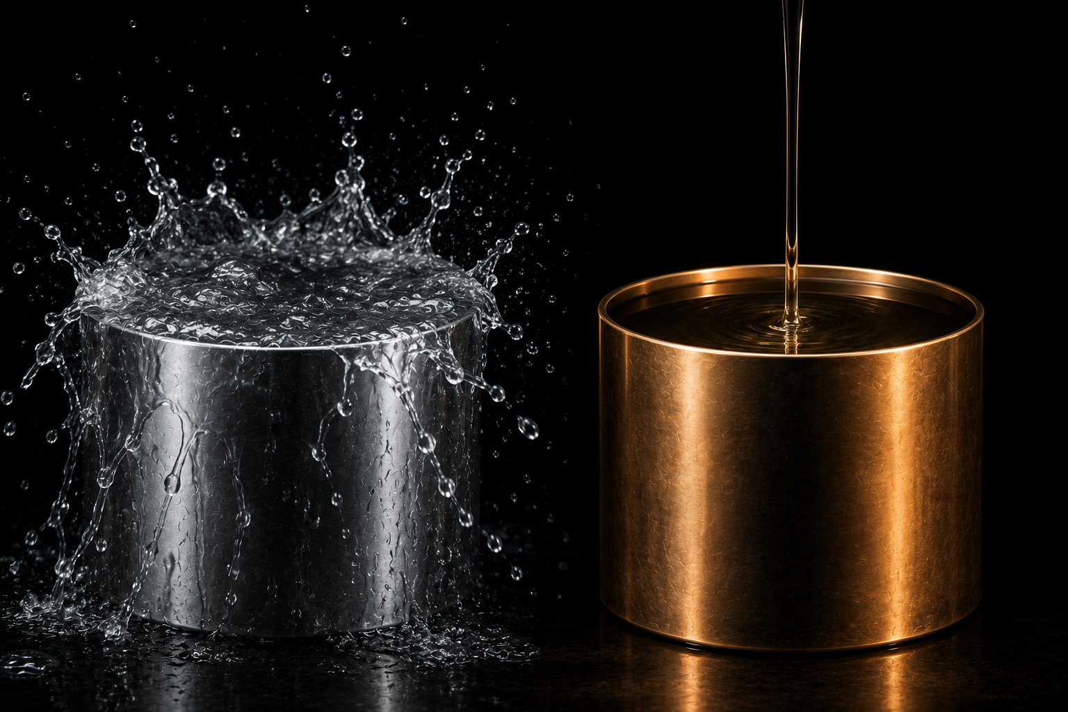 Two steel vessels: one overflowing in violent splashes, the other filling slowly from a thin steady stream