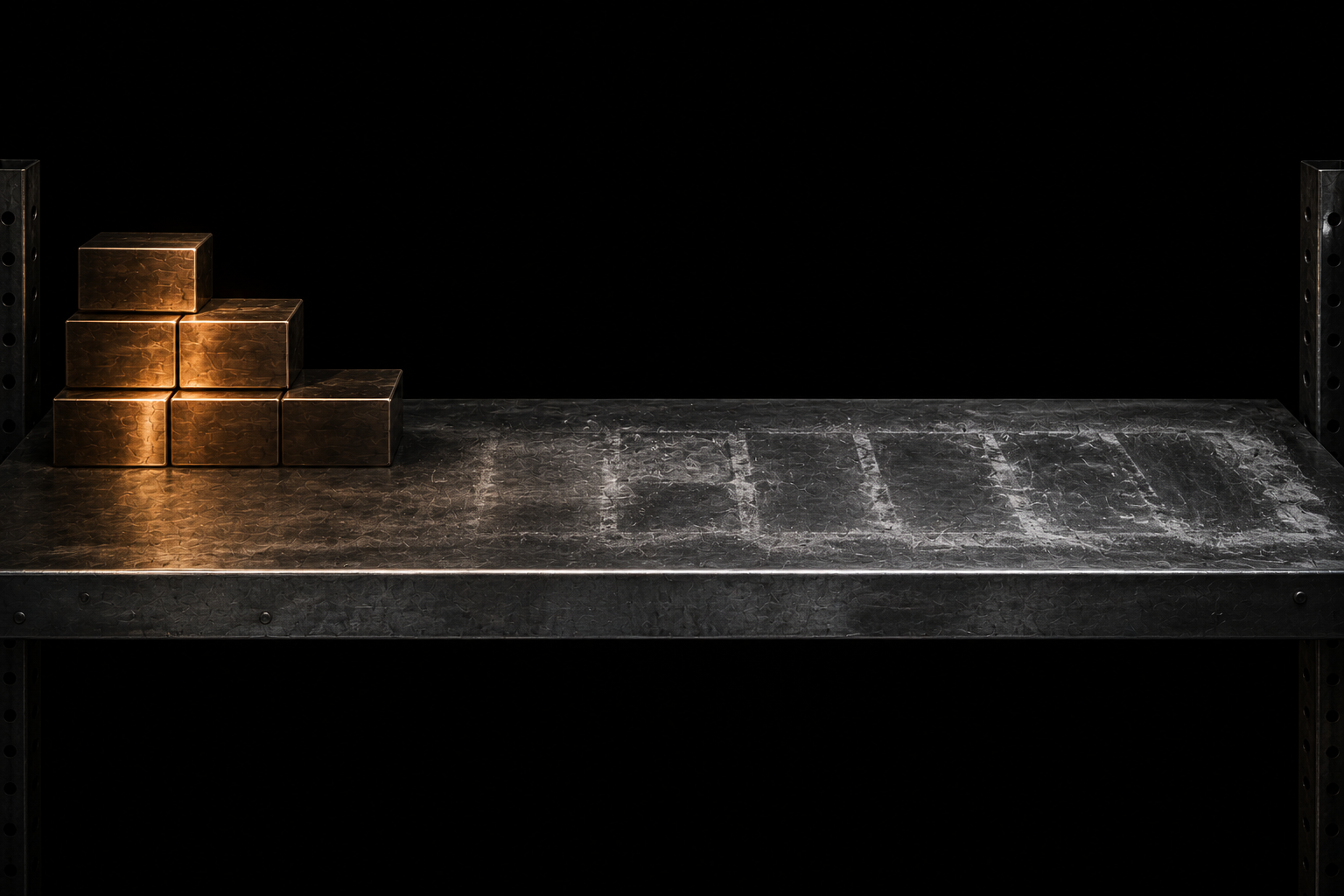A wide steel shelf with only a few metal blocks left at one end, dust marks showing where the rest stood