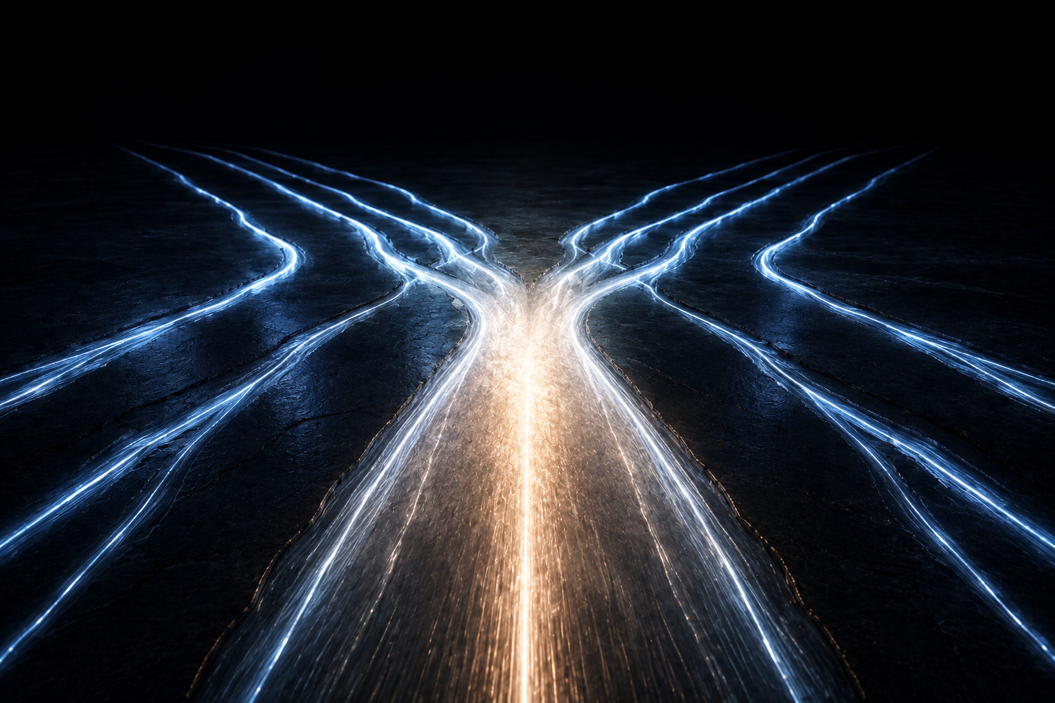 Thin streams of blue light converging into one wide bright channel on a dark surface