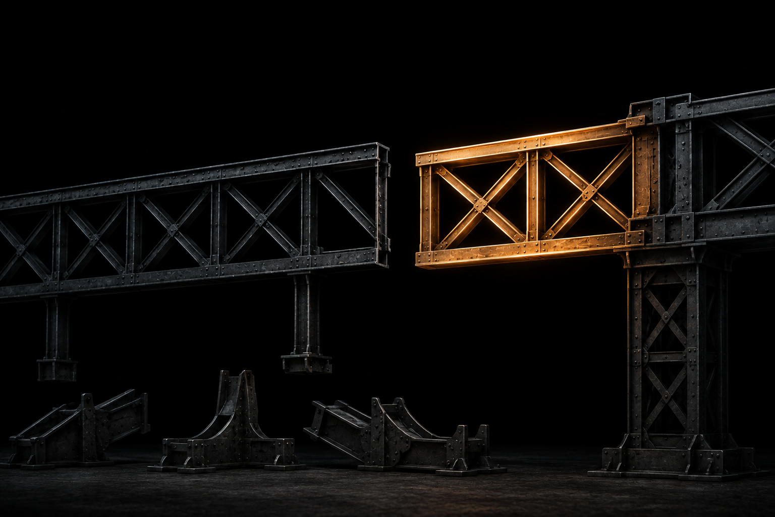A dismantled steel structure with its supports on the ground, one intact section refitted onto a working frame nearby