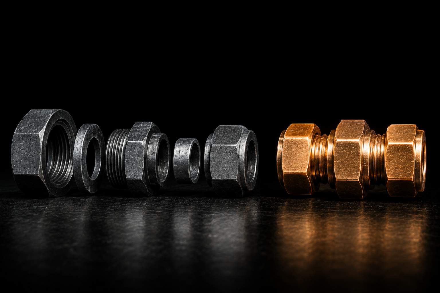 A steel assembly laid out part by part beside the same assembly rebuilt and tightened