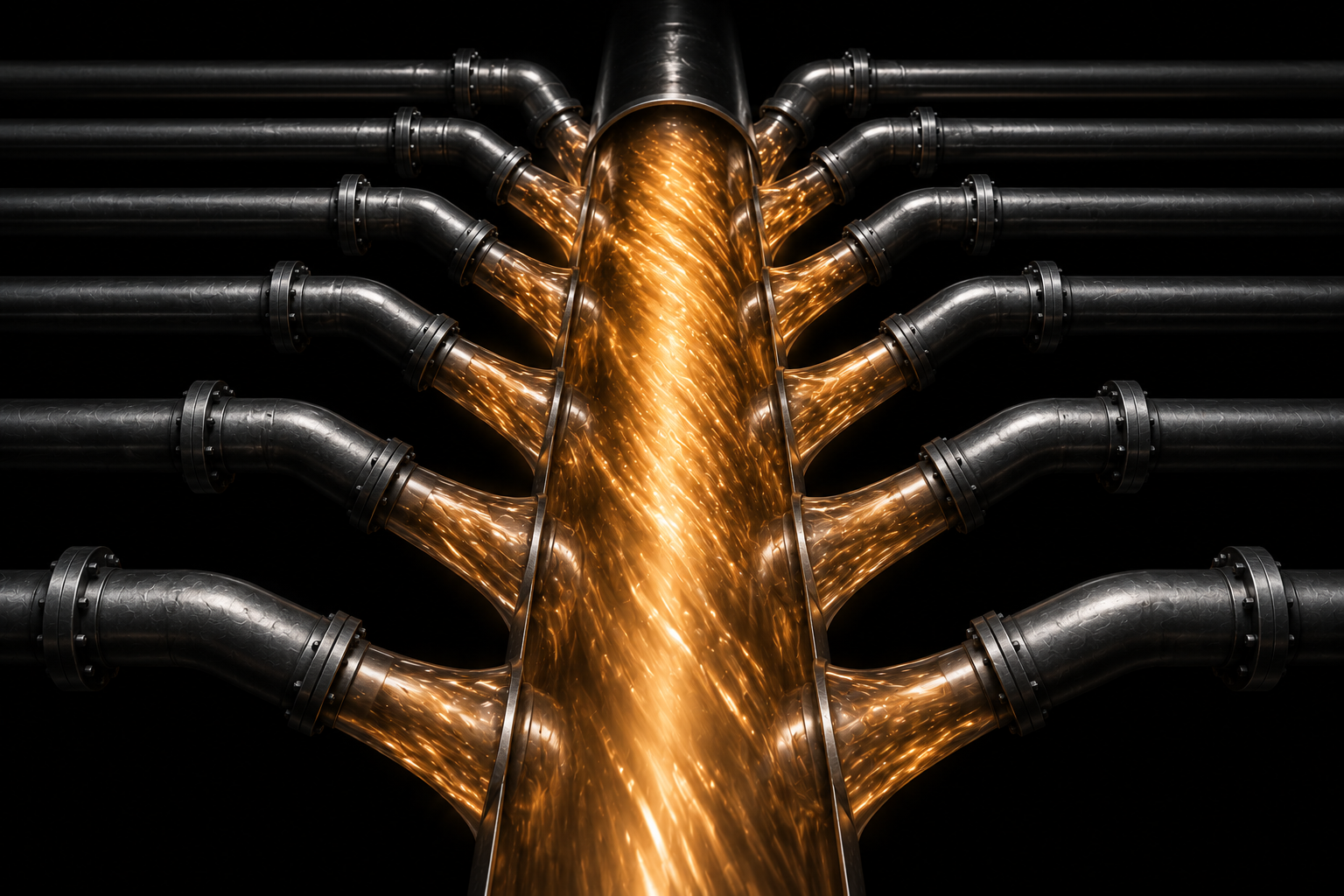 Many thin steel pipes converging into one wide channel where the flow runs faster and brighter