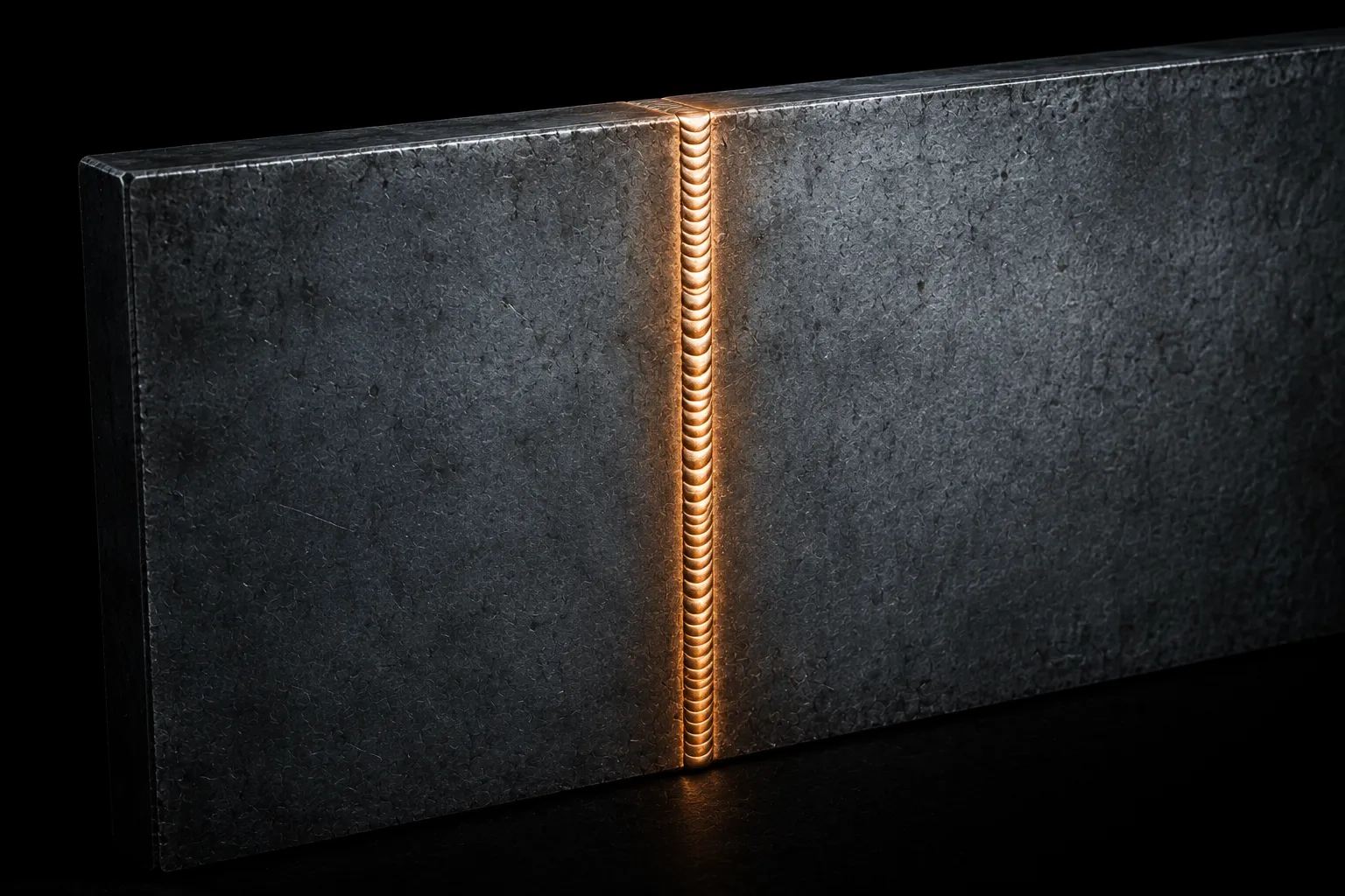 A thick steel wall with a thin crack sealed by a fresh weld, visibly newer than the metal around it