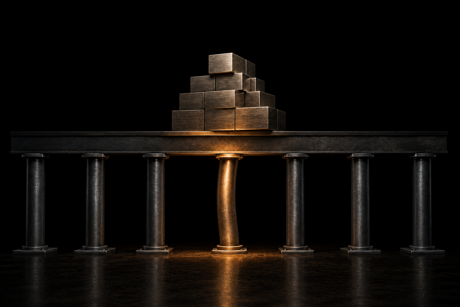 A steel beam on a row of columns with the entire load stacked over just one of them