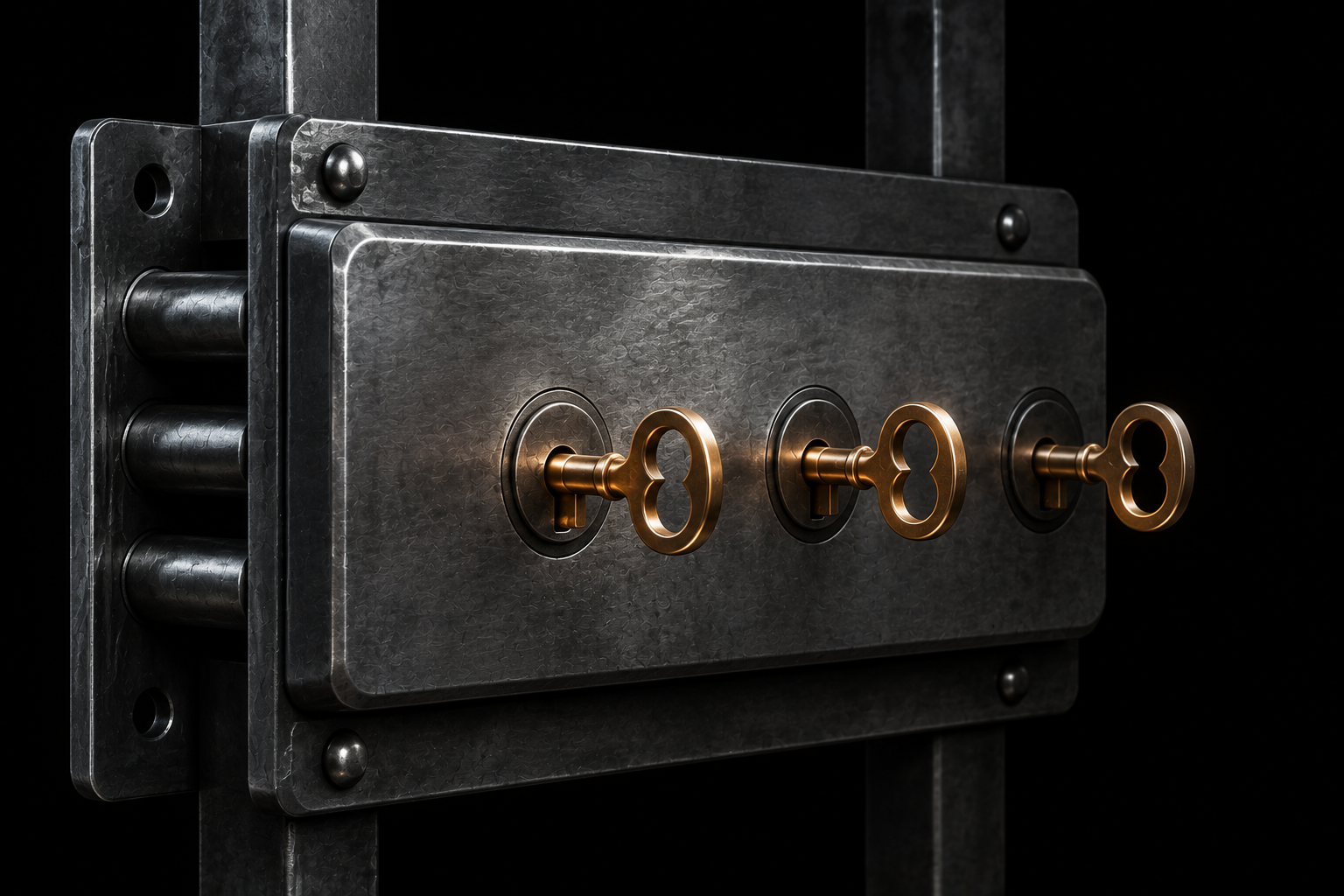 A heavy steel lock with three keyholes in a row, a different key turned in each