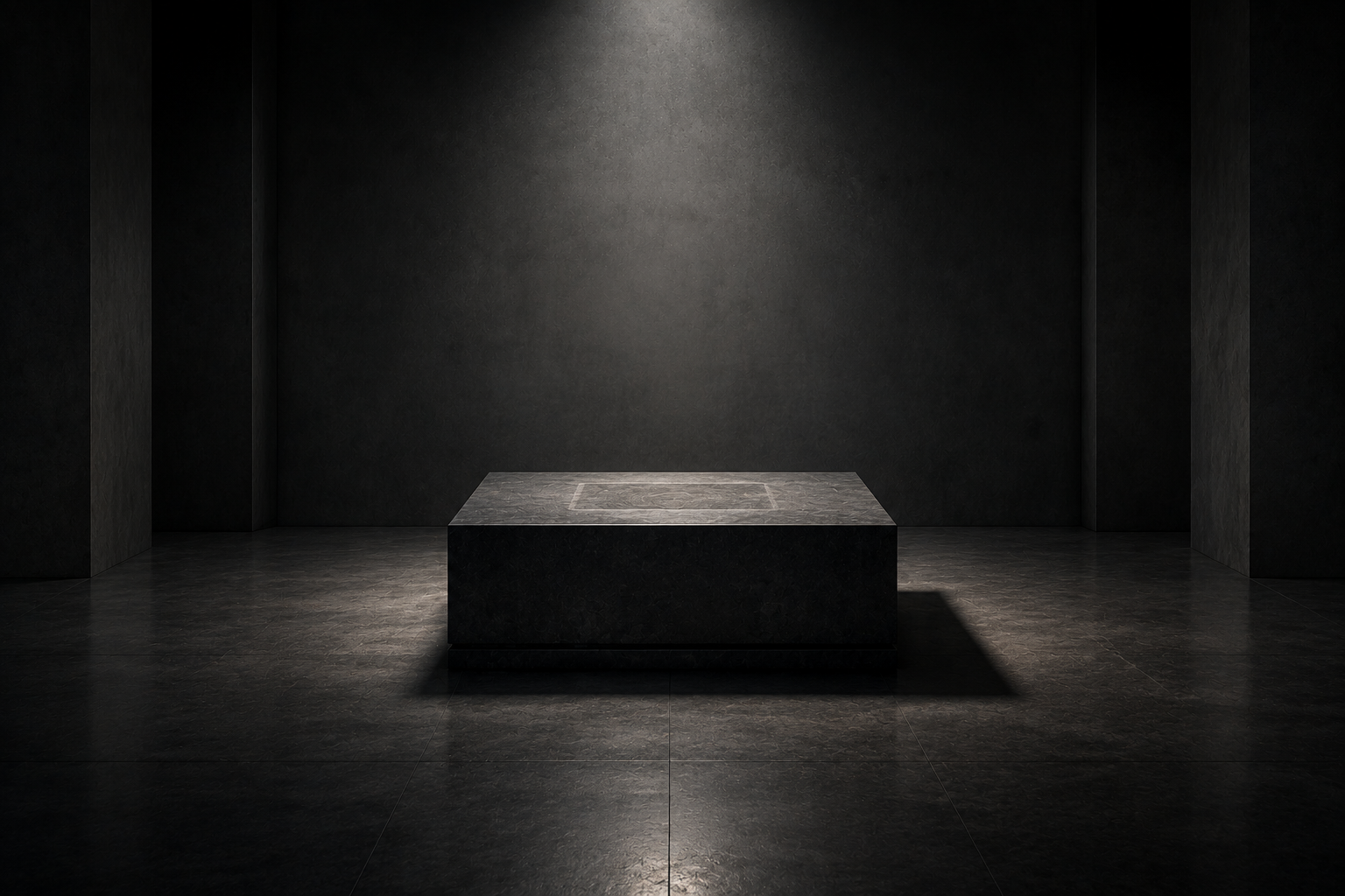 An empty stone plinth in a dark hall, a cleaner rectangle marking what stood there