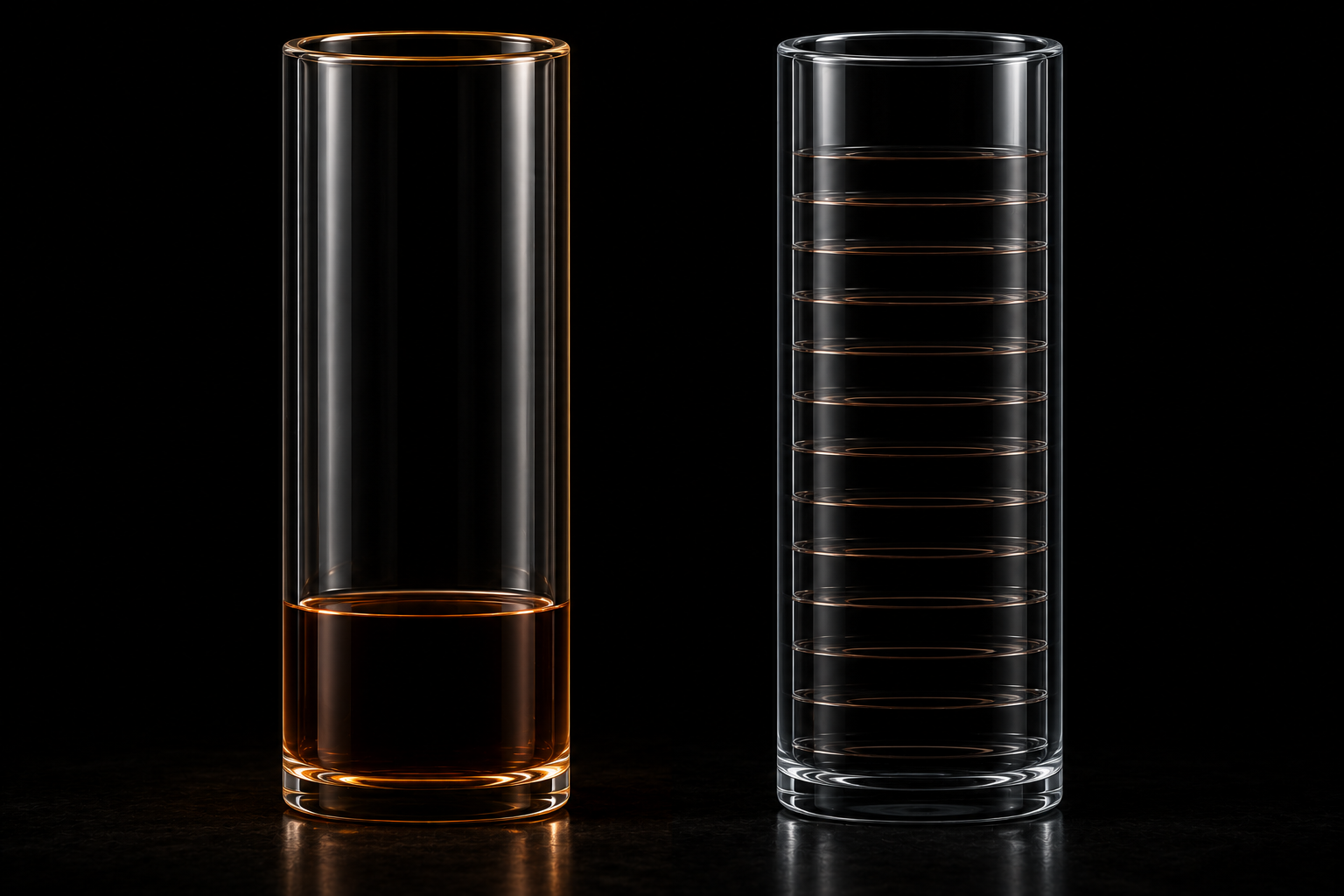 Two glass columns holding the same volume: dense at the bottom of one, spread thin through the other
