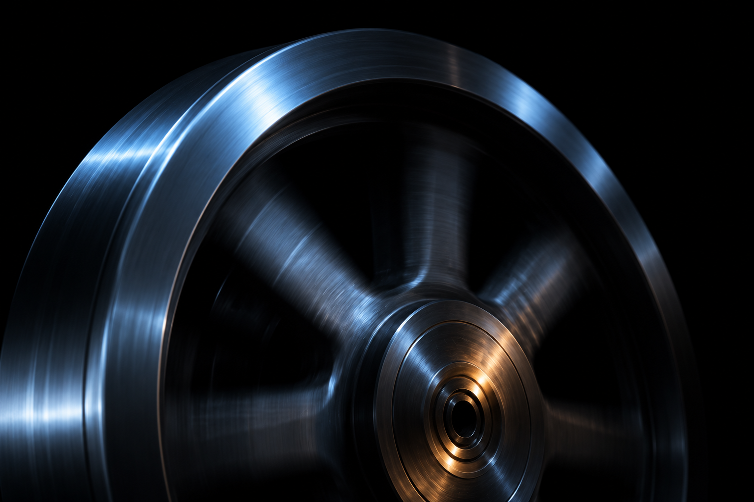 A polished steel flywheel in motion, its spokes blurred by speed