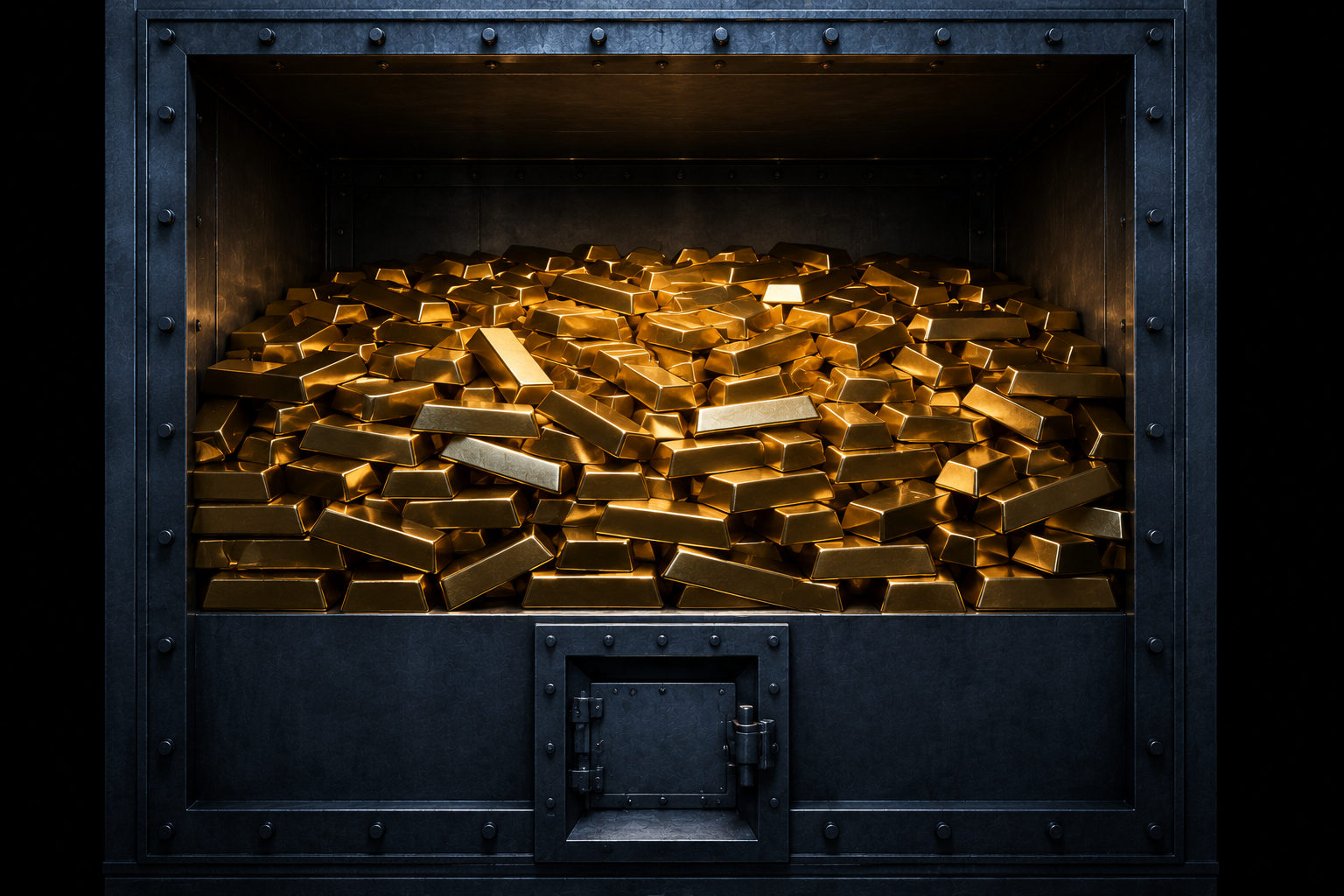 A steel chamber filled to the top with metal ingots, its only outlet a small closed valve