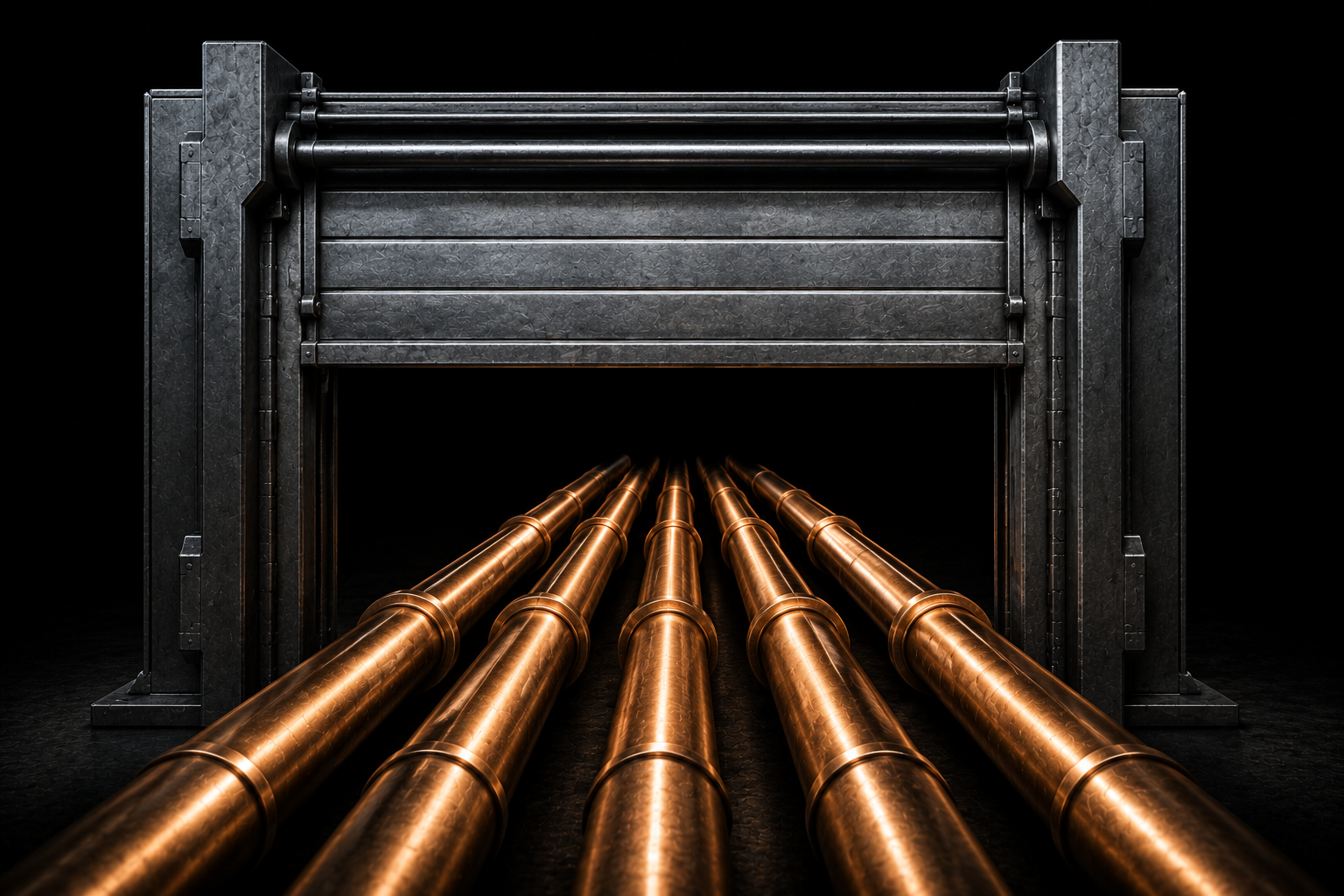 A wide steel gateway with the barrier raised, several identical pipes passing through side by side
