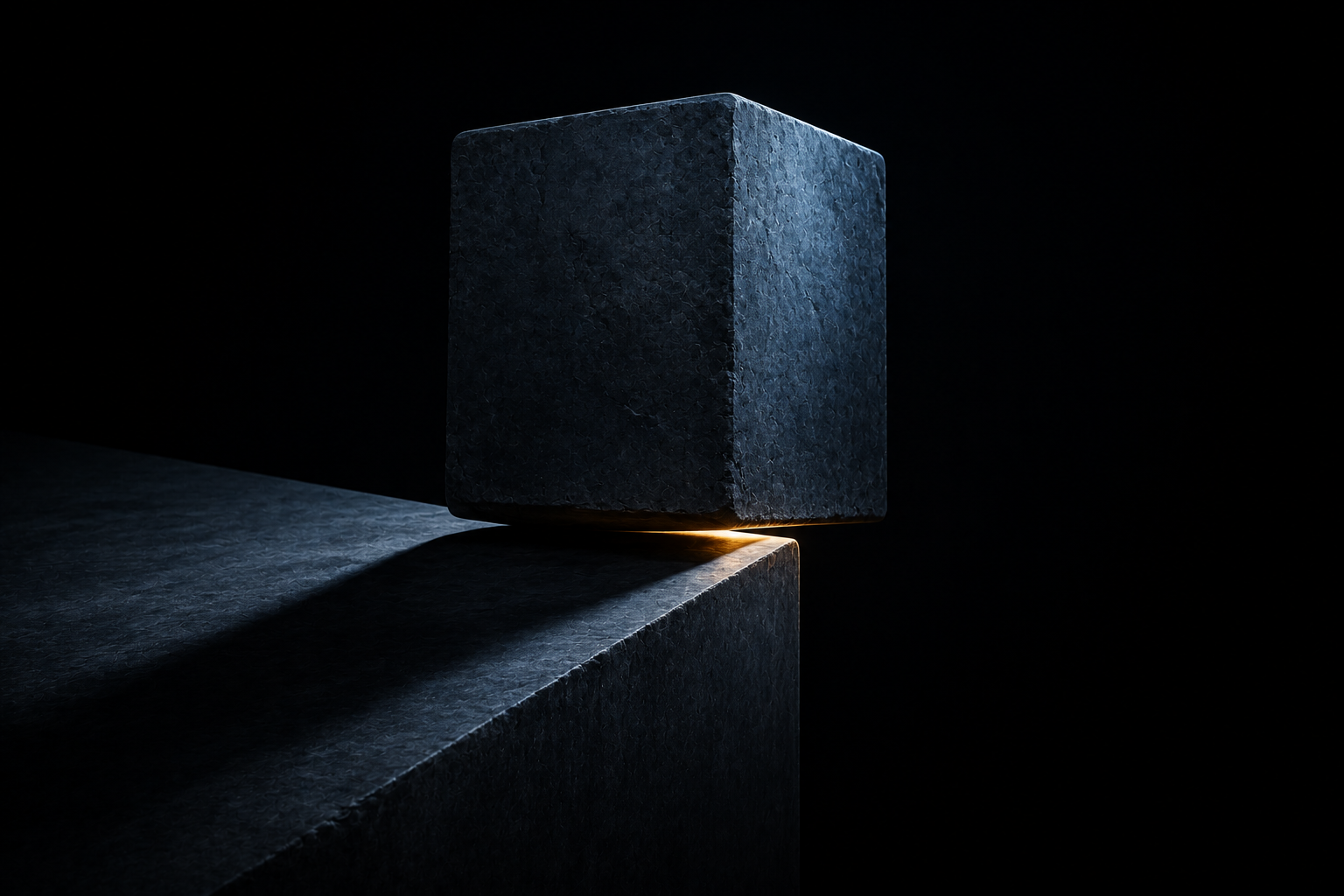 A massive stone block resting exactly on the edge of a dark incline, neither falling nor returning
