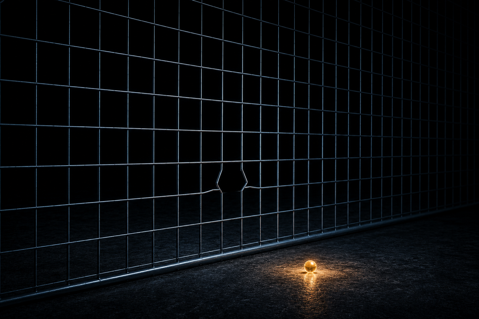 An intact steel mesh with one small object lying on the floor beyond it
