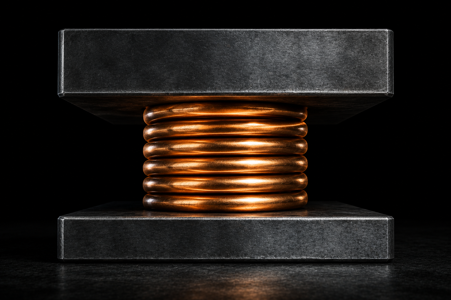 A massive steel spring compressed almost solid between two heavy plates, its coils touching