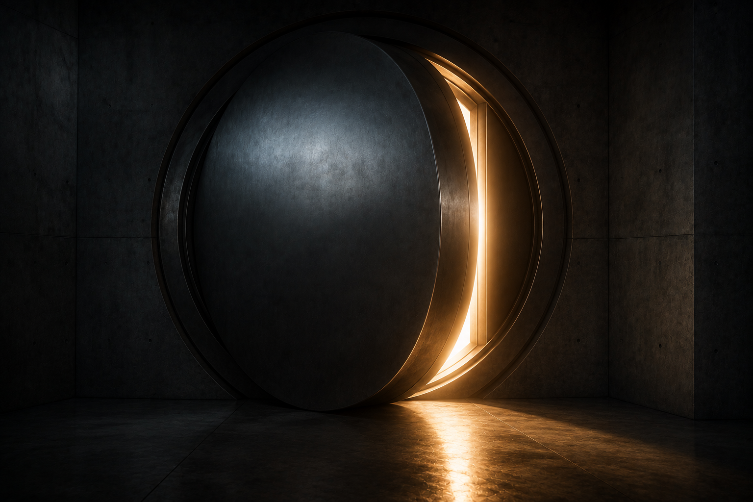 A huge circular steel vault door opened a fraction, warm light spilling through the gap