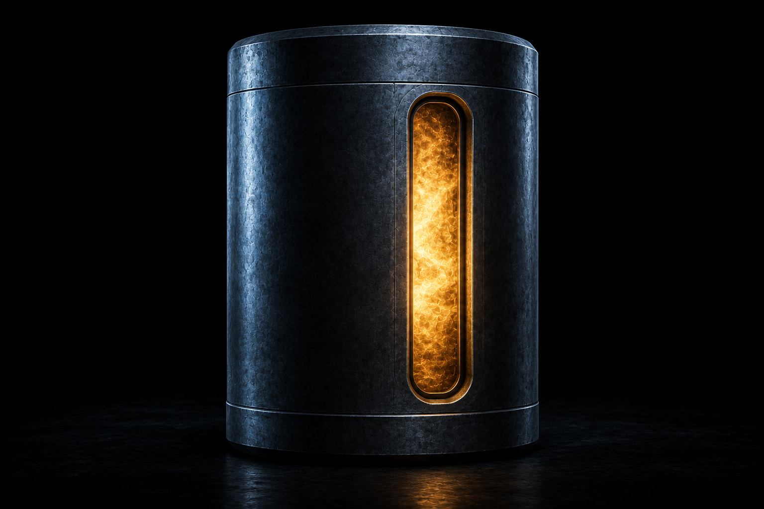 A sealed steel cylinder with one narrow glass window cut into it, showing a dense glowing mass inside