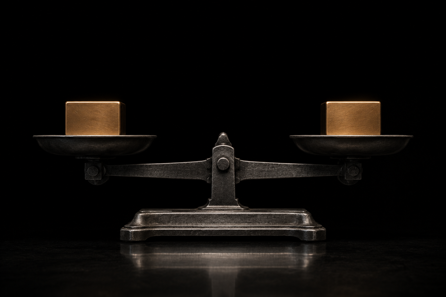 A steel balance beam holding two identical blocks, perfectly level and still