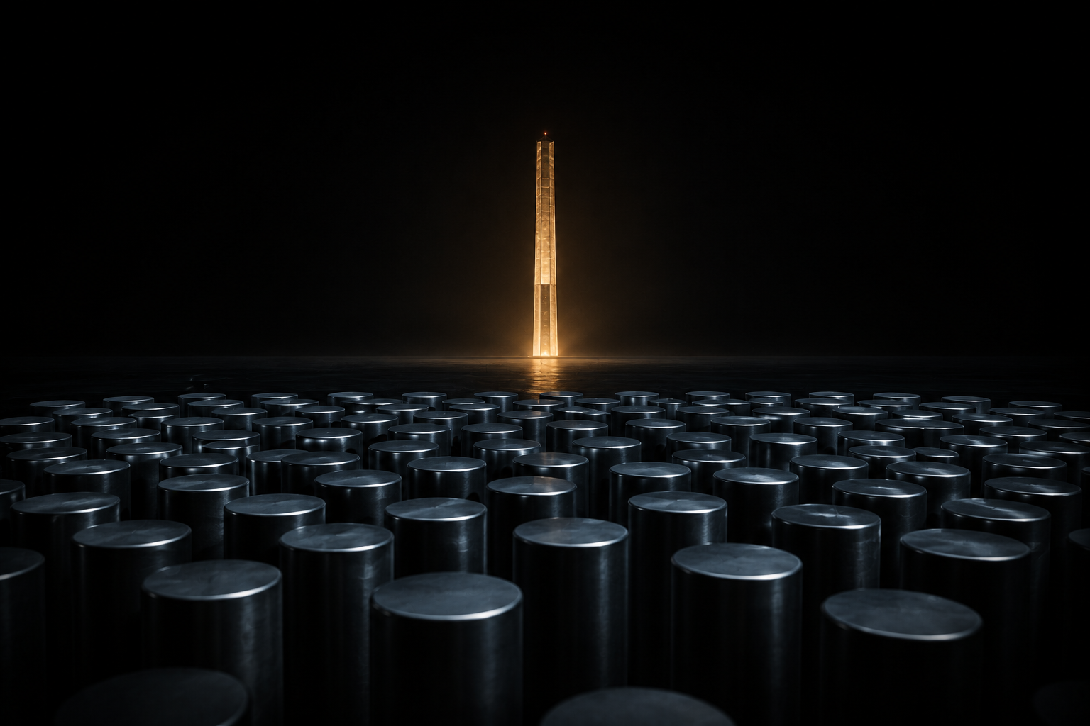 A single tall steel tower far in the distance behind a dense cluster of short identical posts