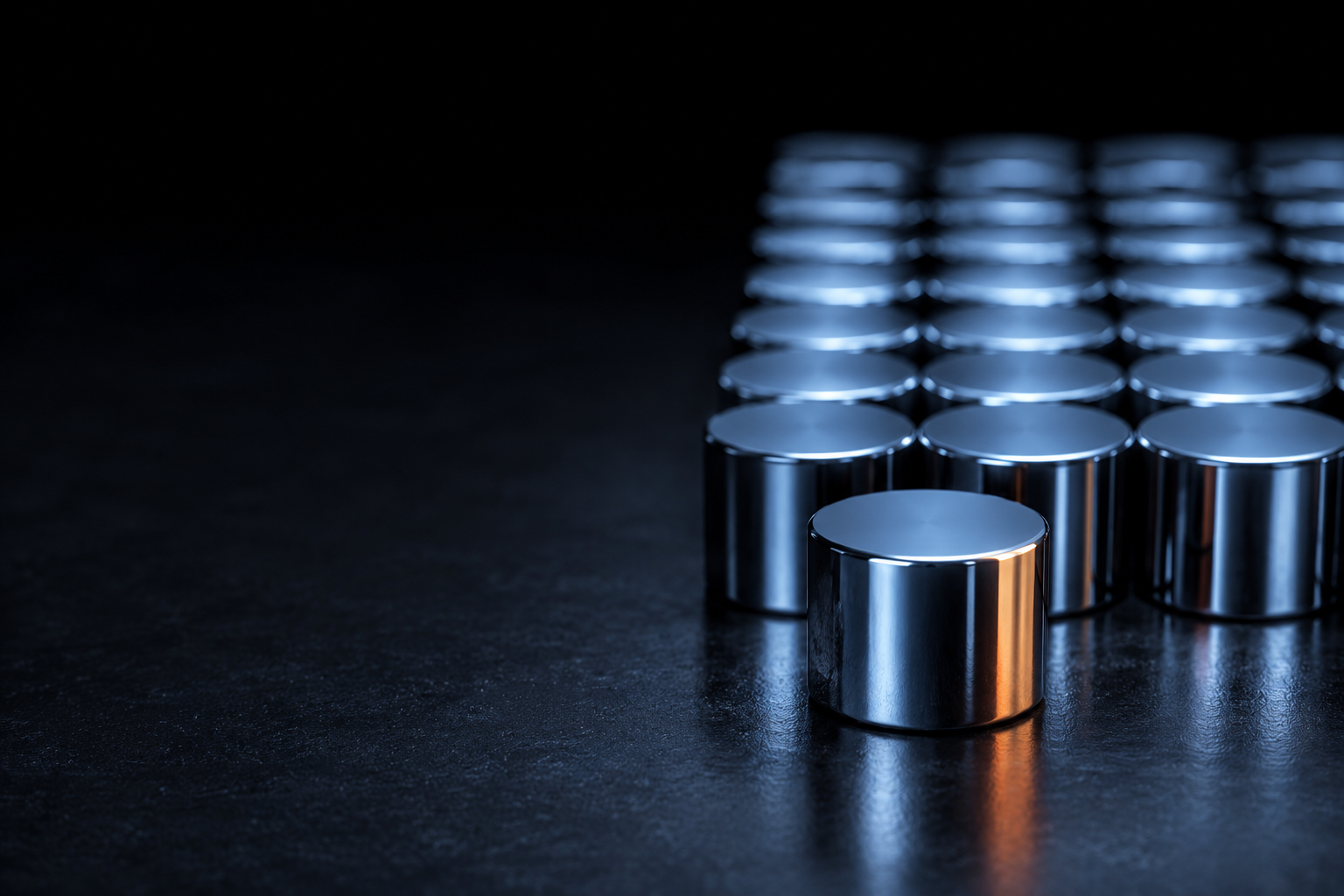 Polished steel cylinders in a tight grid on dark stone, one pushed forward out of the row