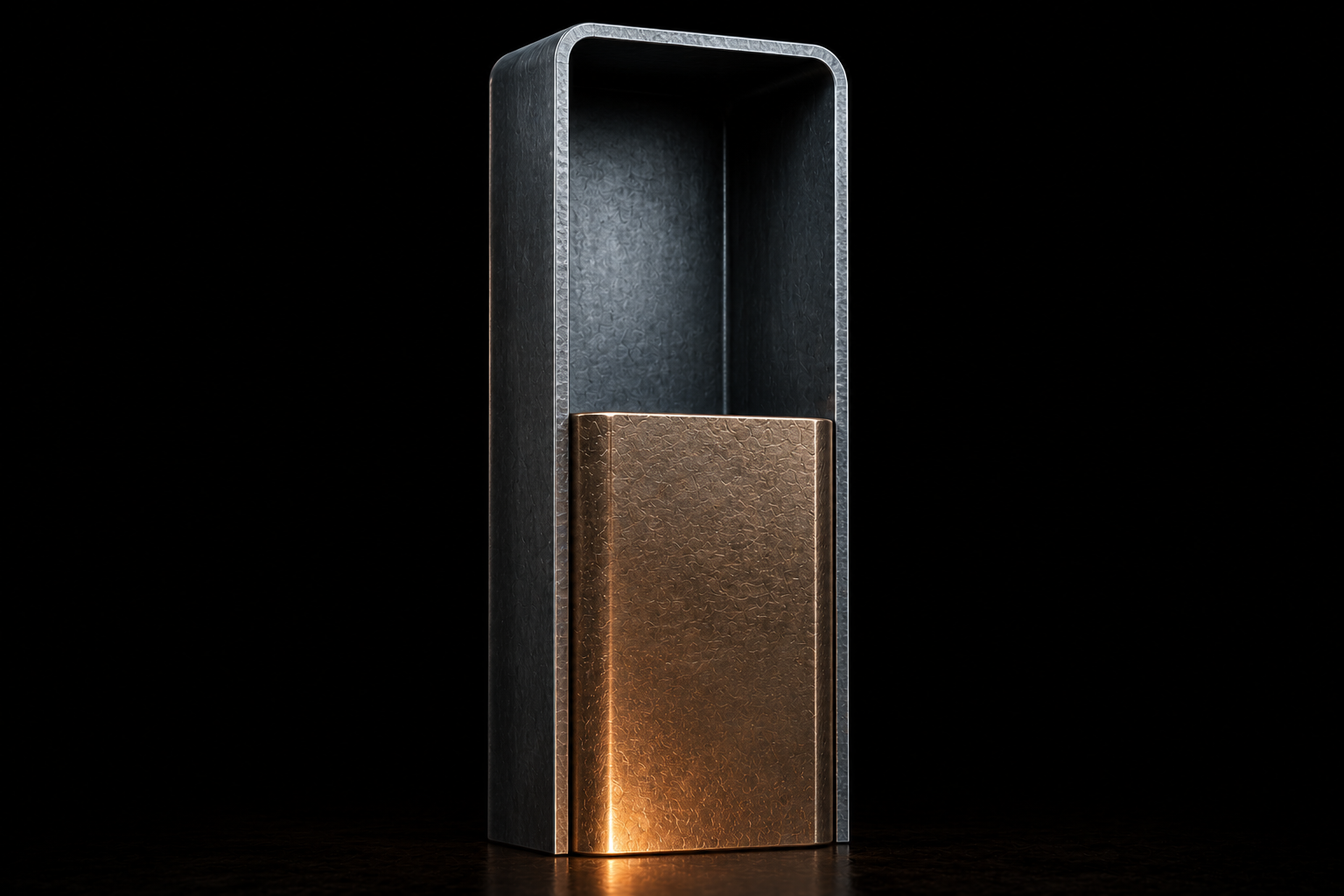 A steel structure cut open: solid metal through its lower half, a hollow thin shell above