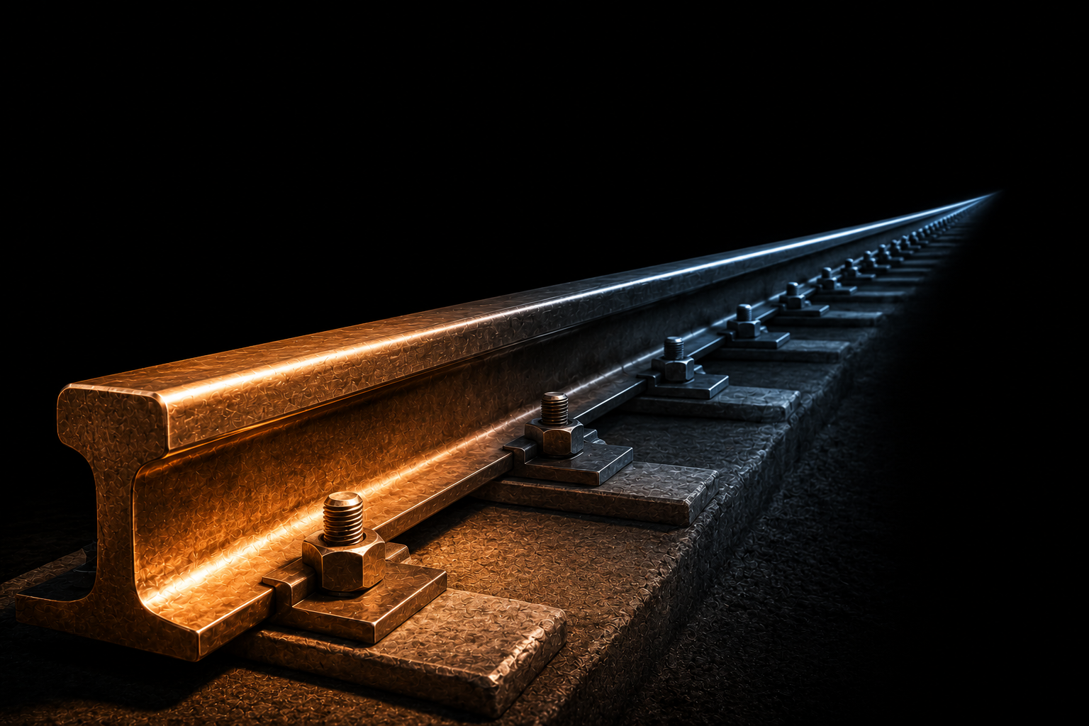 A long steel rail laid and bolted down, running far into the dark with nothing yet moving on it