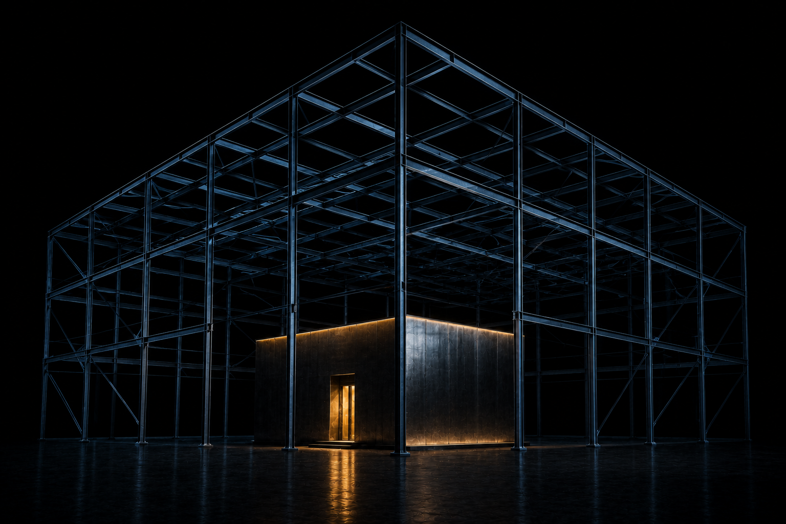 A small solid steel building inside a much larger empty scaffold that outlines a bigger one