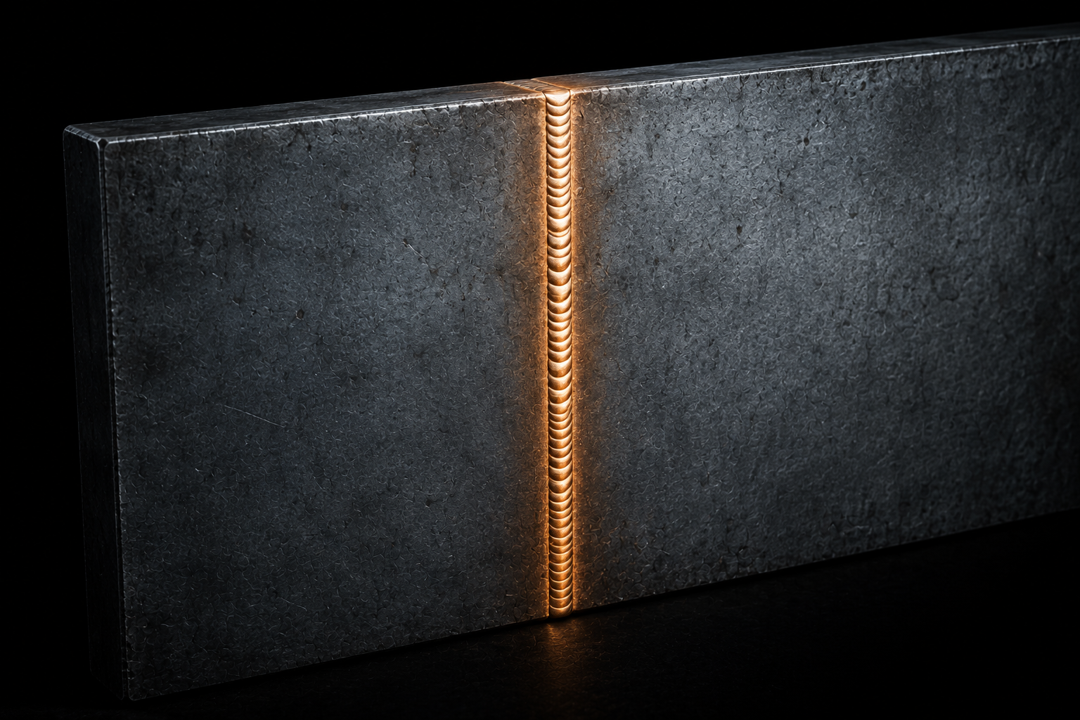 A thick steel wall with a thin crack sealed by a fresh weld, visibly newer than the metal around it