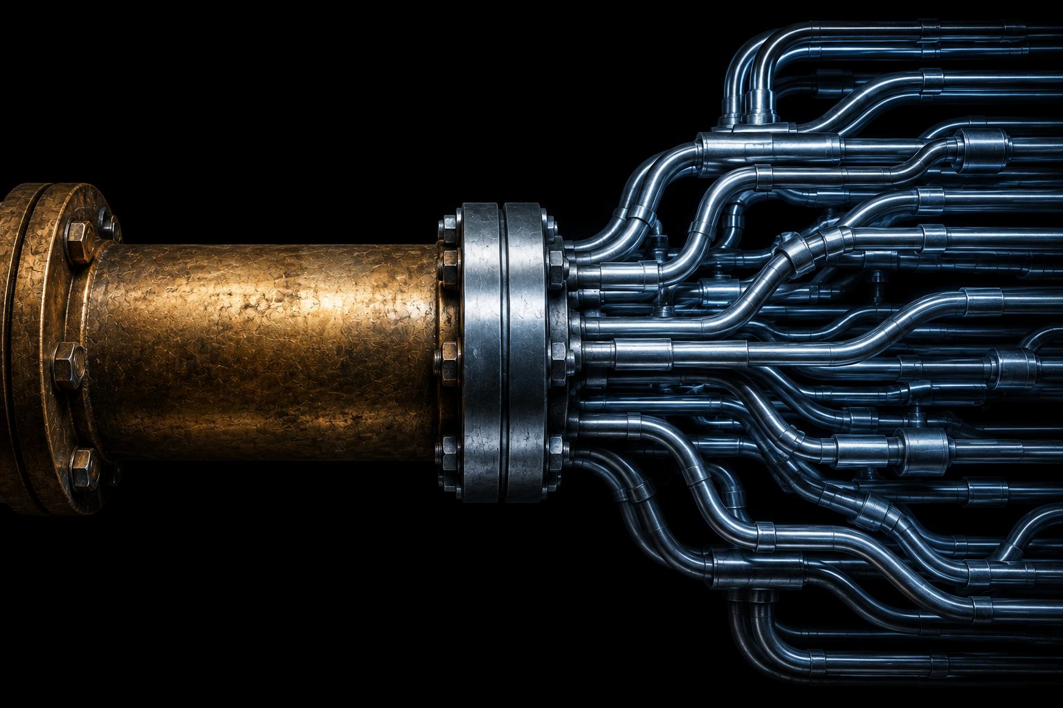 A thick old brass pipe joined by a single flange to a dense network of thin new steel pipes