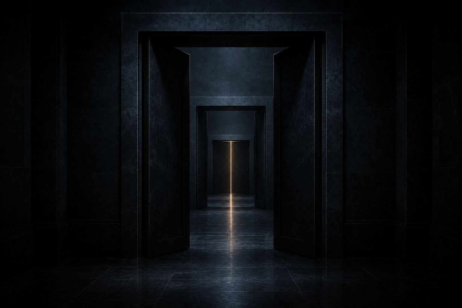 Three closed gates receding down a dark stone corridor, a thin warm seam of light at the furthest