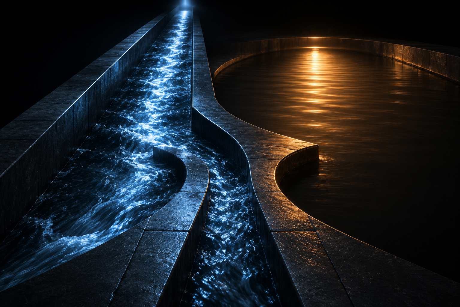 A dark stone channel splitting: fast blue water on one side, a still golden pool on the other
