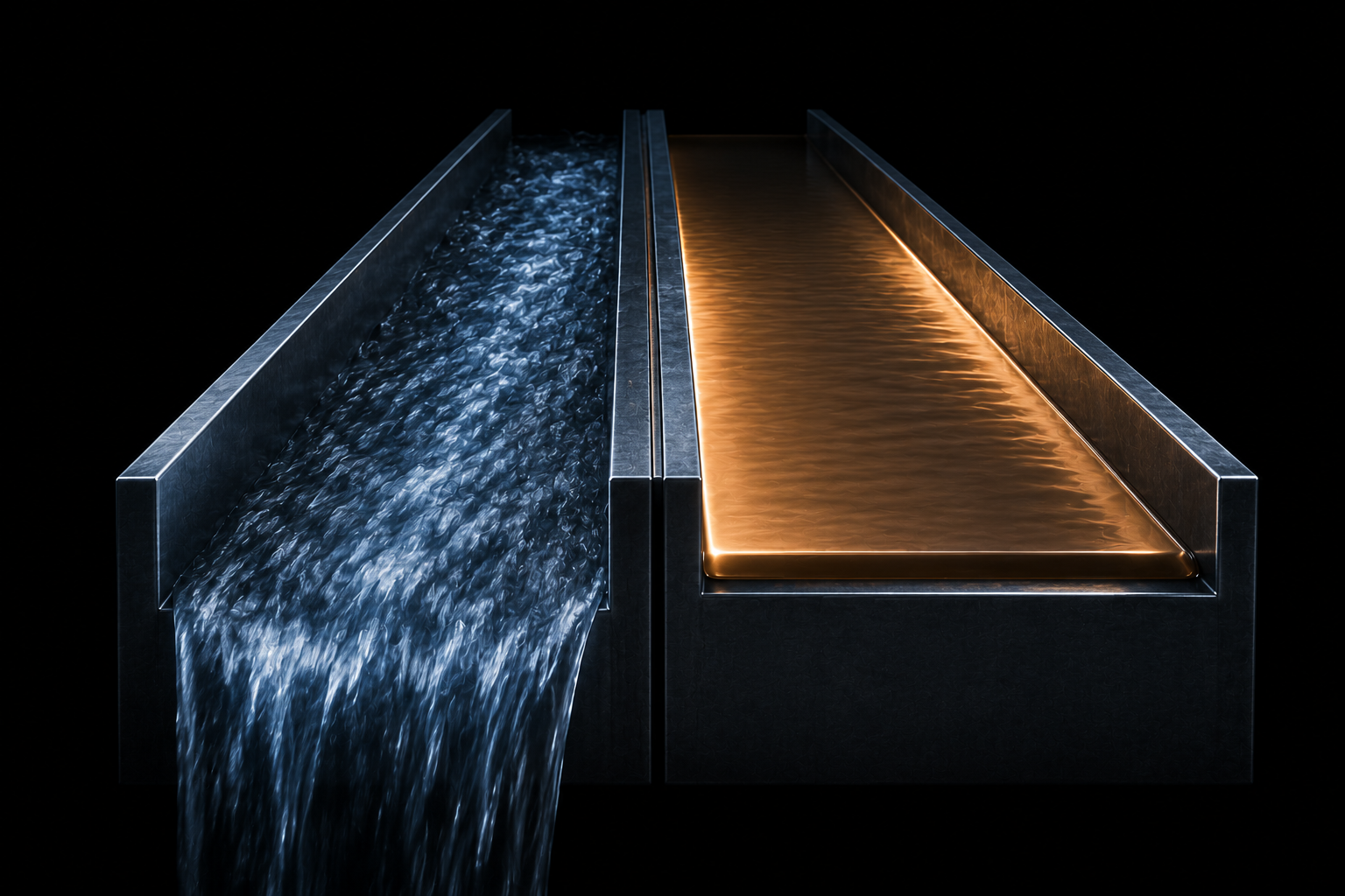 Two identical steel channels side by side, one running hard downhill, the other holding level