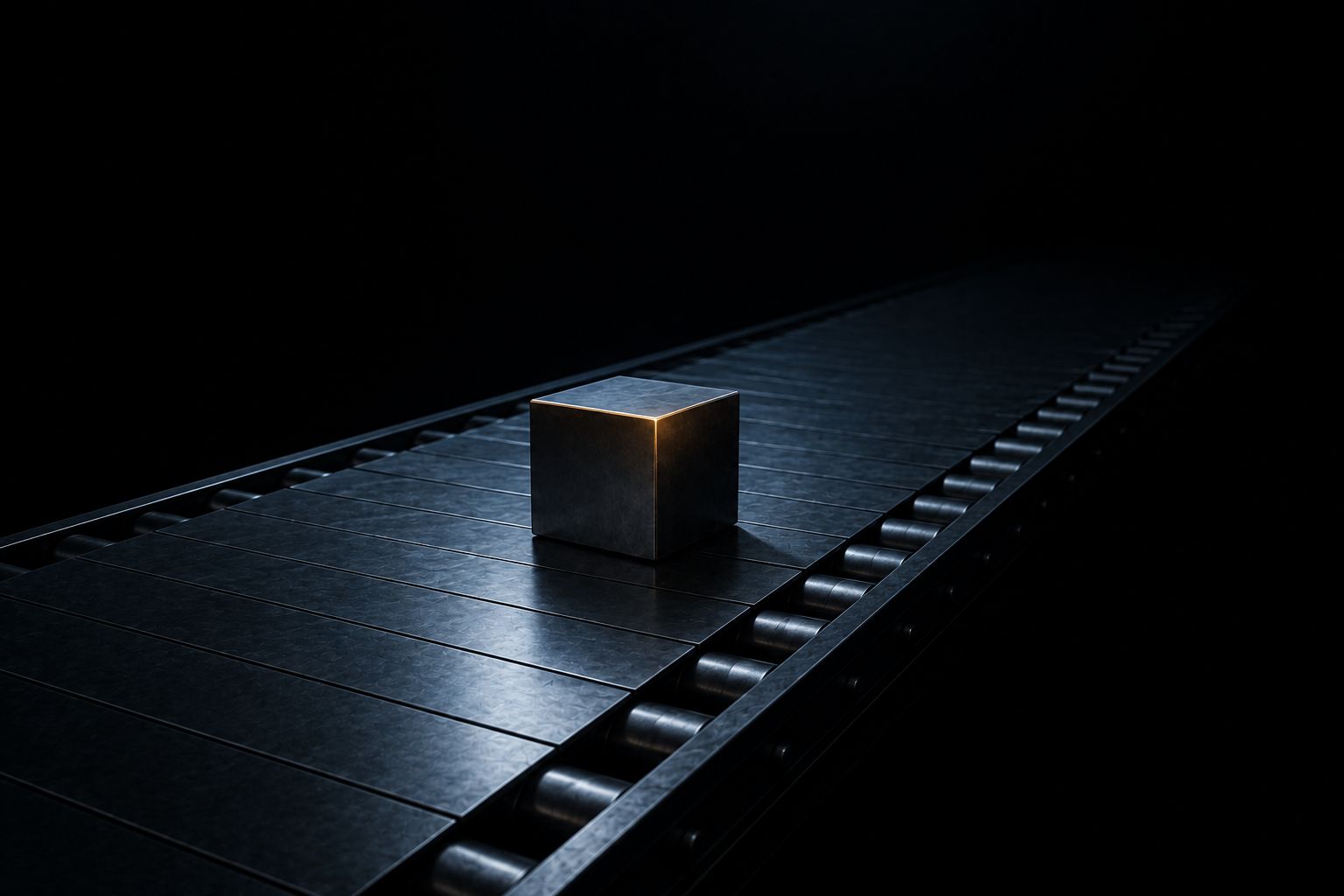 A stopped dark conveyor belt with a single steel block standing still on it