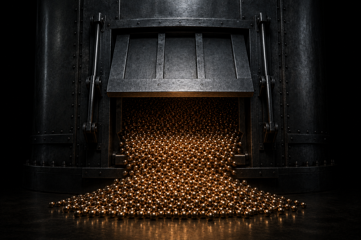 A steel sluice gate lifting as the first dense stream of metal spheres spills out beneath it