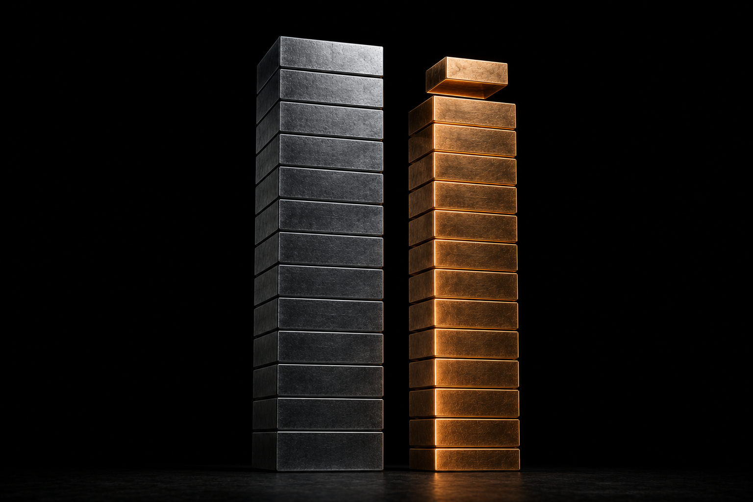 Two steel columns side by side, the smaller one built up to almost the height of the larger and still rising