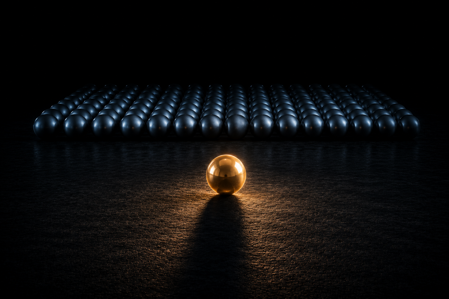 A dense group of identical dark spheres level with each other, and one drawn far out in front