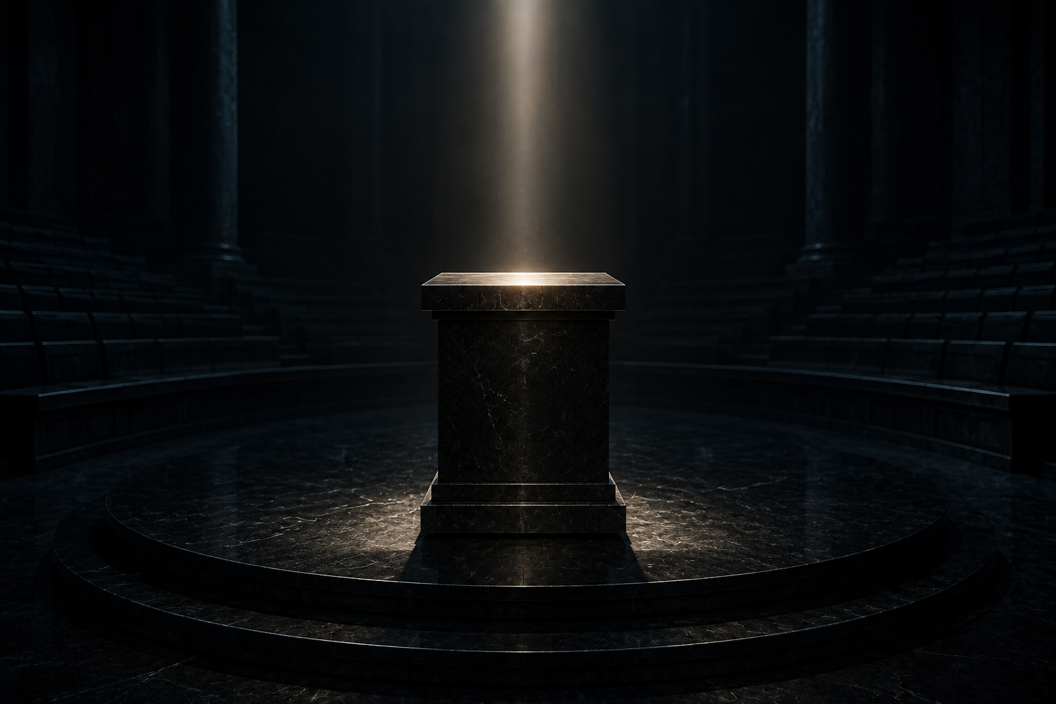 An empty stone lectern under a single shaft of light in a dark hall