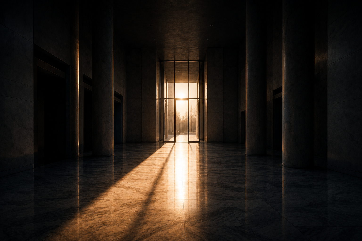 A dark marble lobby with one wide shaft of light entering through tall glass doors