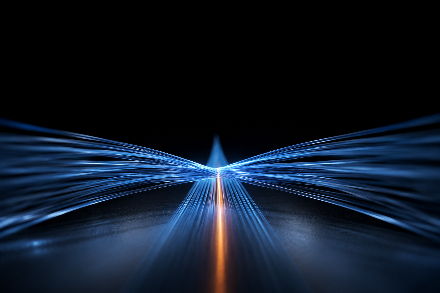 Two bundles of blue optical fibres braiding into a single strand, one amber fibre among them