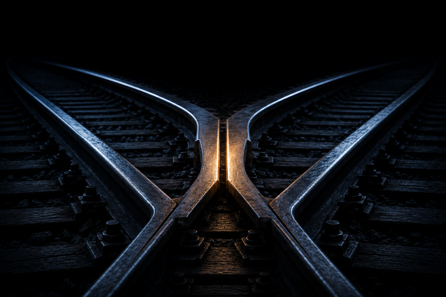 A heavy steel railway switch frozen exactly between two directions