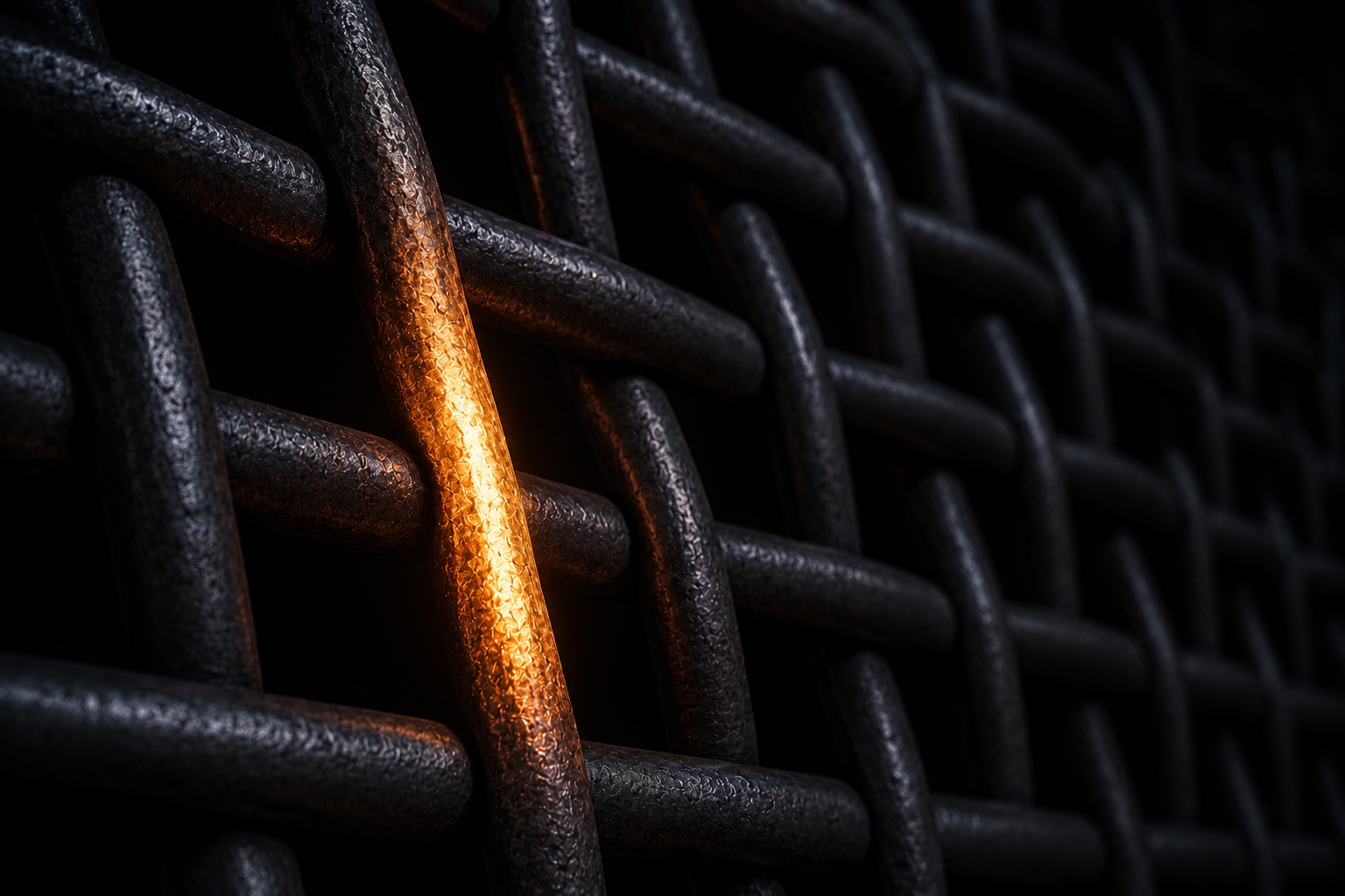 A dense lattice of dark metal bars with one newly forged bar glowing warm