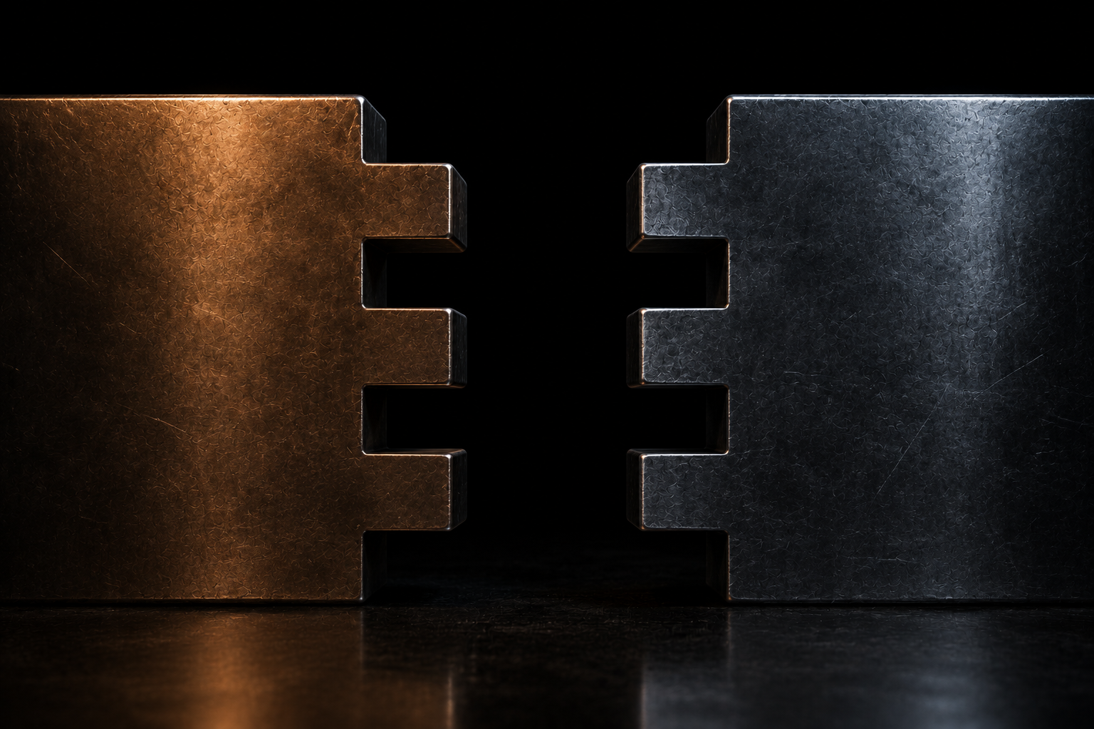 Two steel blocks whose interlocking teeth still match, now pulled apart with a clear gap between them