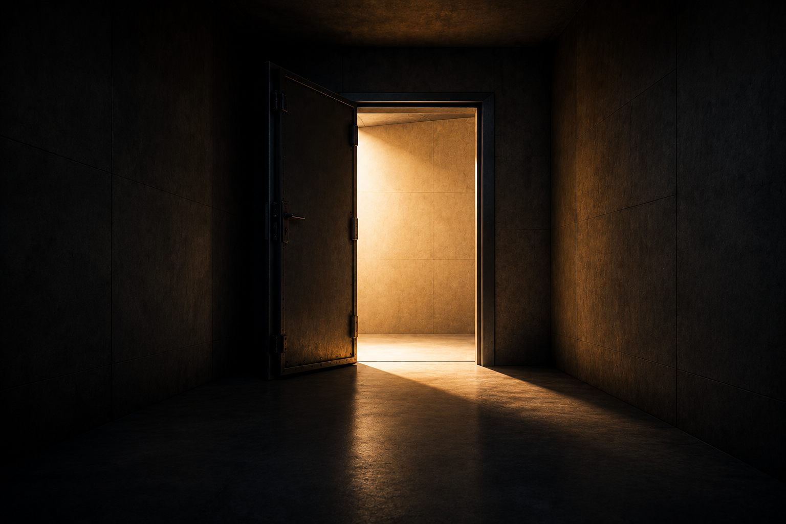 A heavy steel door standing open in a dark corridor, warm light falling through it