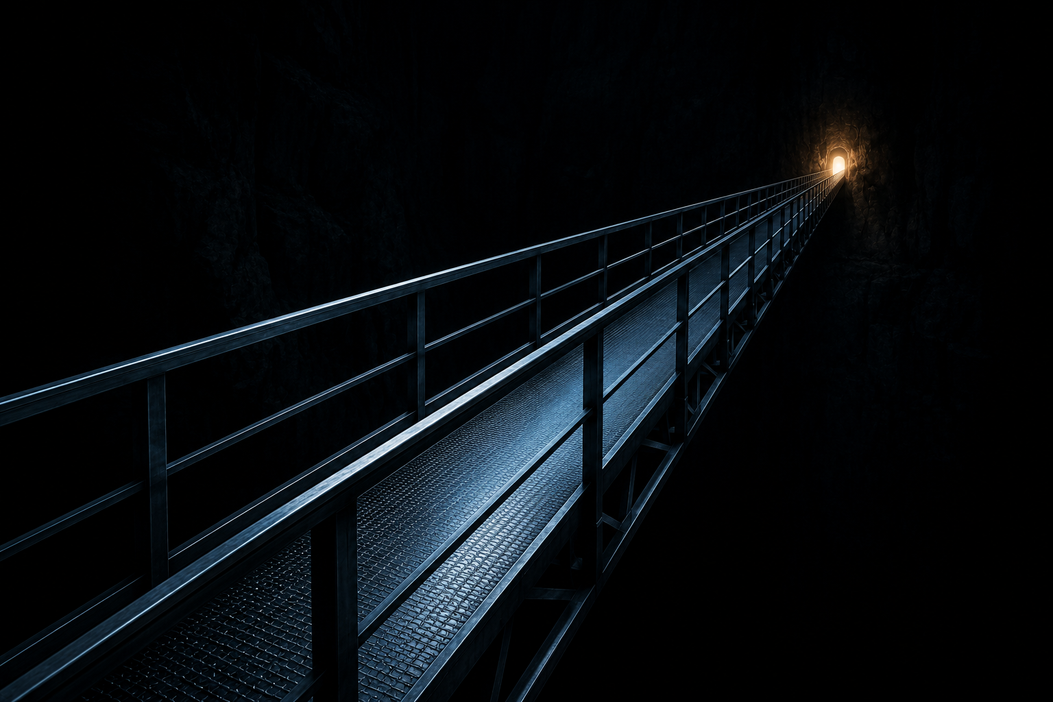 A narrow steel footbridge spanning a dark chasm, one warm light at the far end
