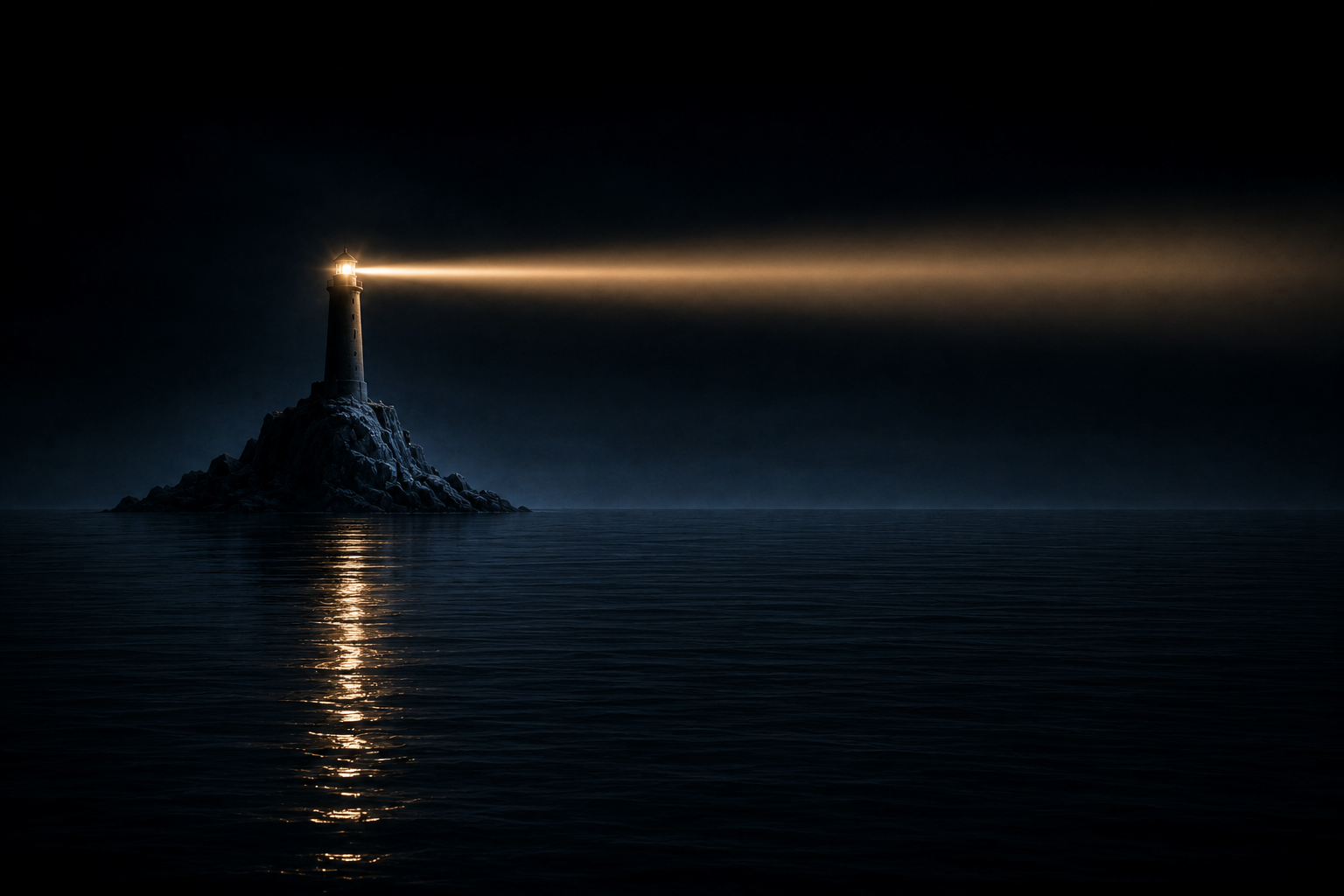 A lone dark tower on a sea rock at night casting one narrow warm beam across the water