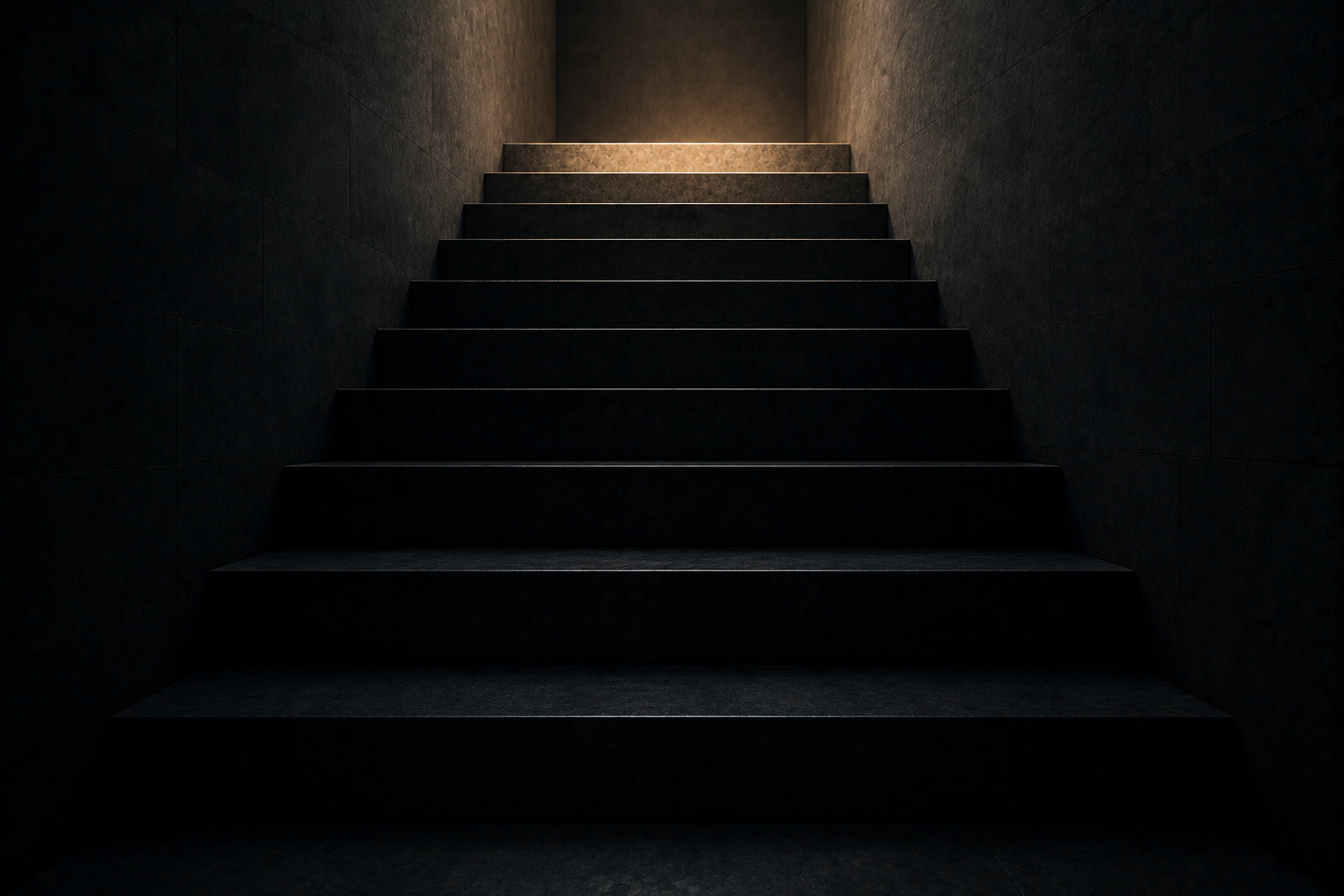 A dark stone staircase with only the top step lit, the rest in deep shadow