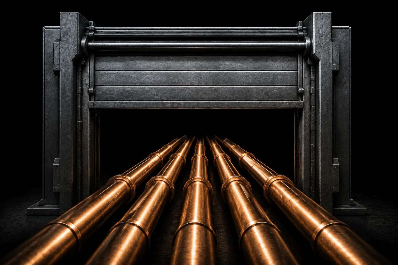 A wide steel gateway with the barrier raised, several identical pipes passing through side by side