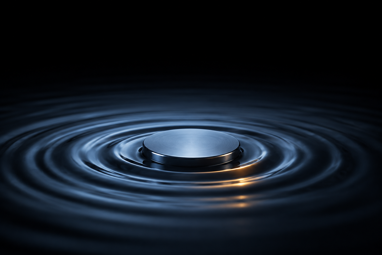 A polished steel disc just dropped into still dark water, concentric ripples spreading out