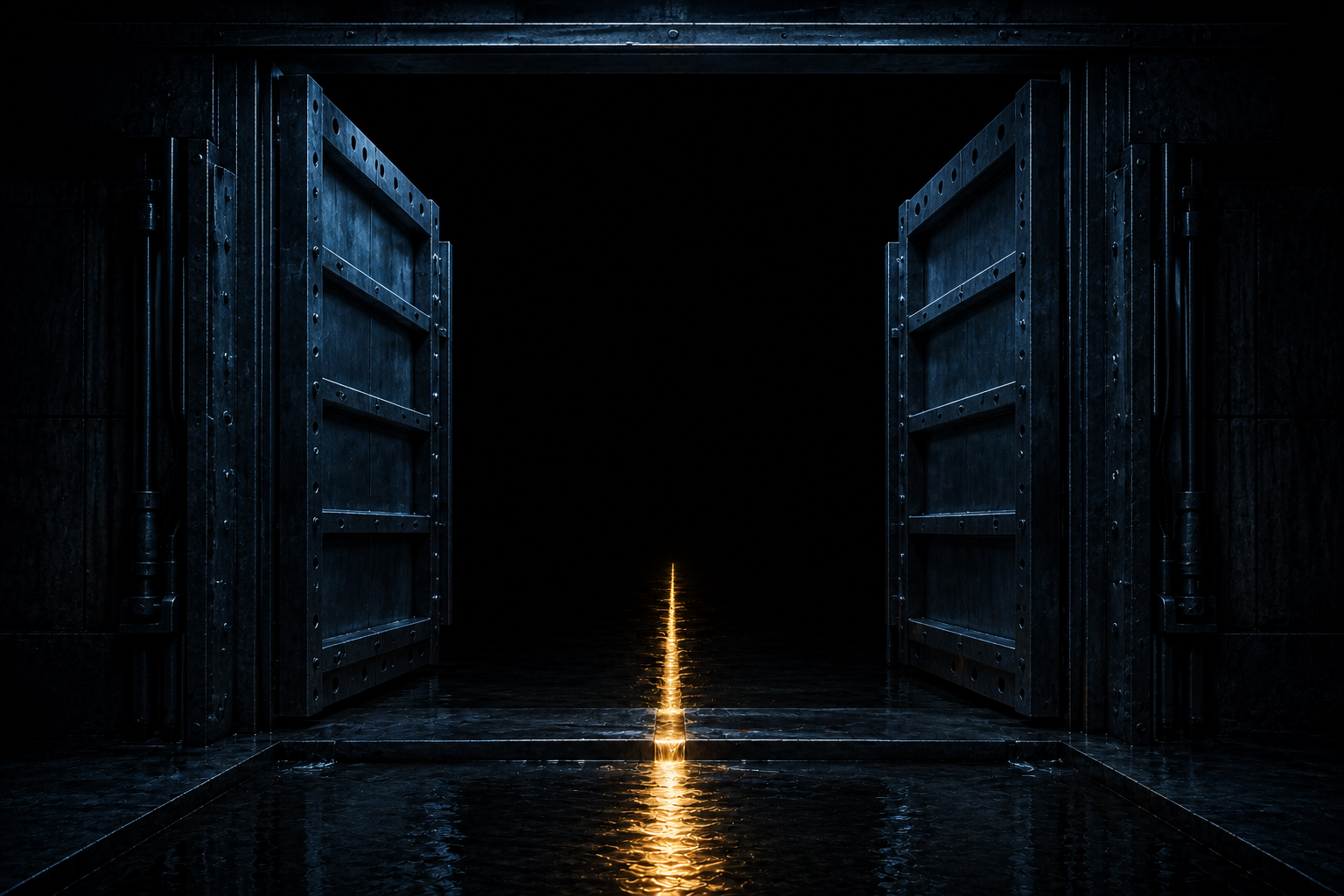 A sluice gate opened wide with only a thin trickle passing through it