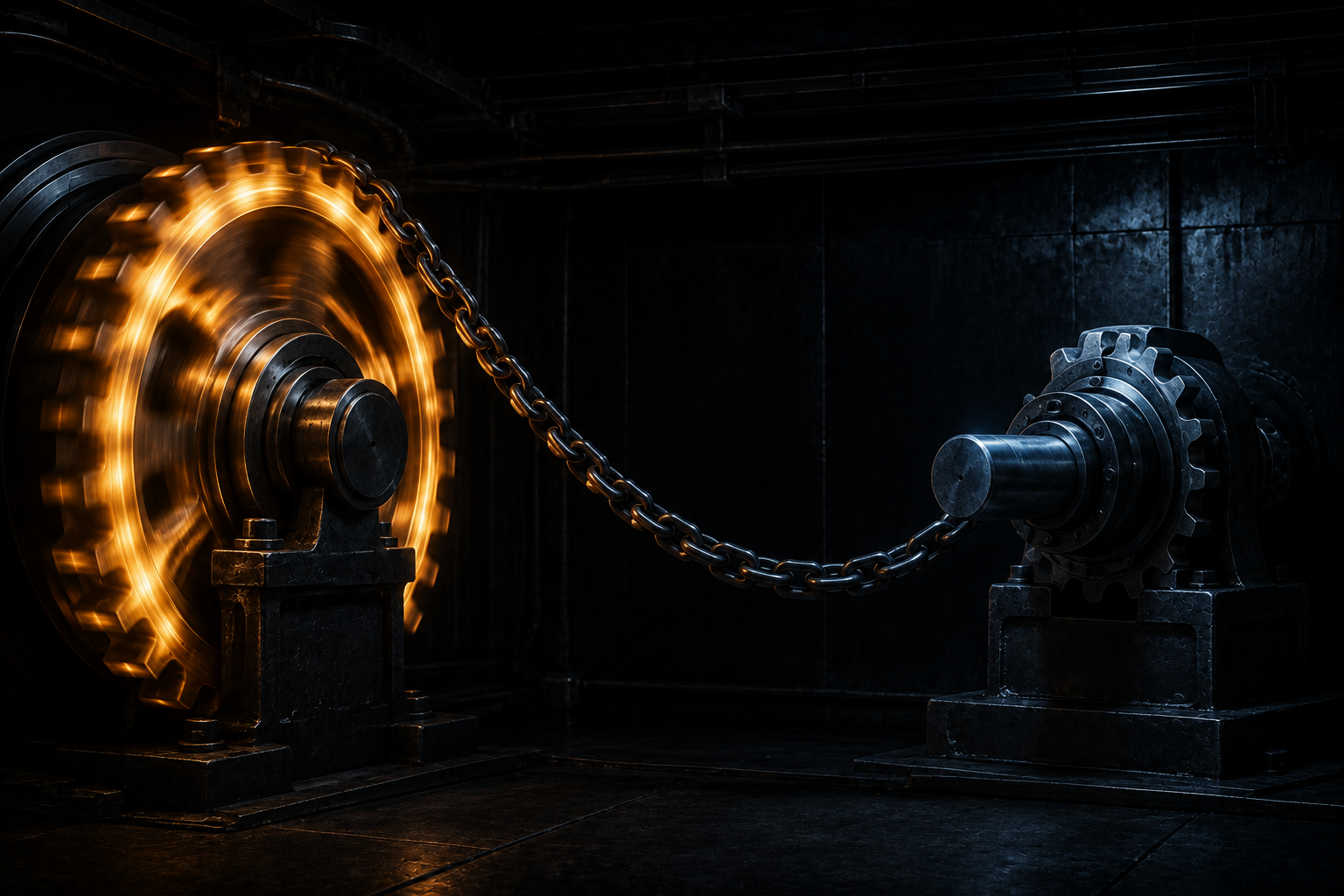 A fast-spinning gear connected by a slack chain to a shaft that stays completely still