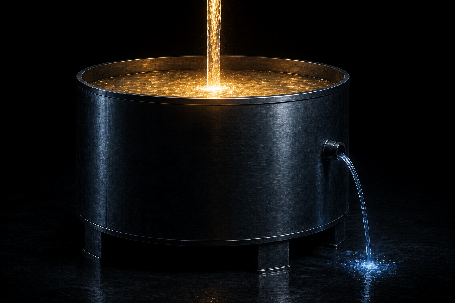 A steel tank filling from above while a small side vent lets a thin stream escape